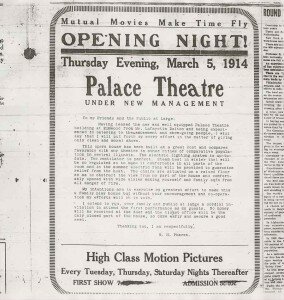 Ad from the spring 1914 Elmwood Gazette, explaining the re-opening of the Palace Theater.